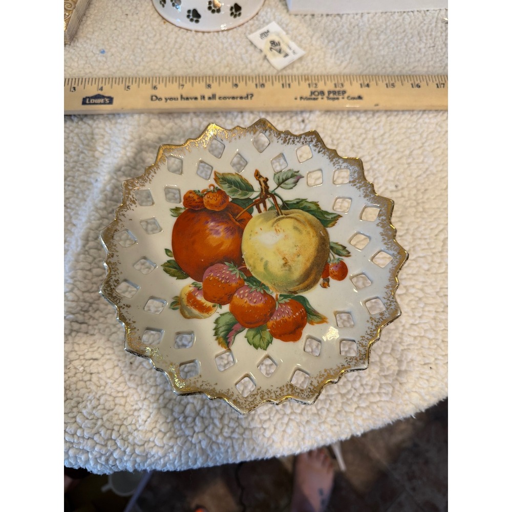 Vintage Norcrest Fine China Reticulated Pedestal Candy Dish Fruit Gold Gilt 6"